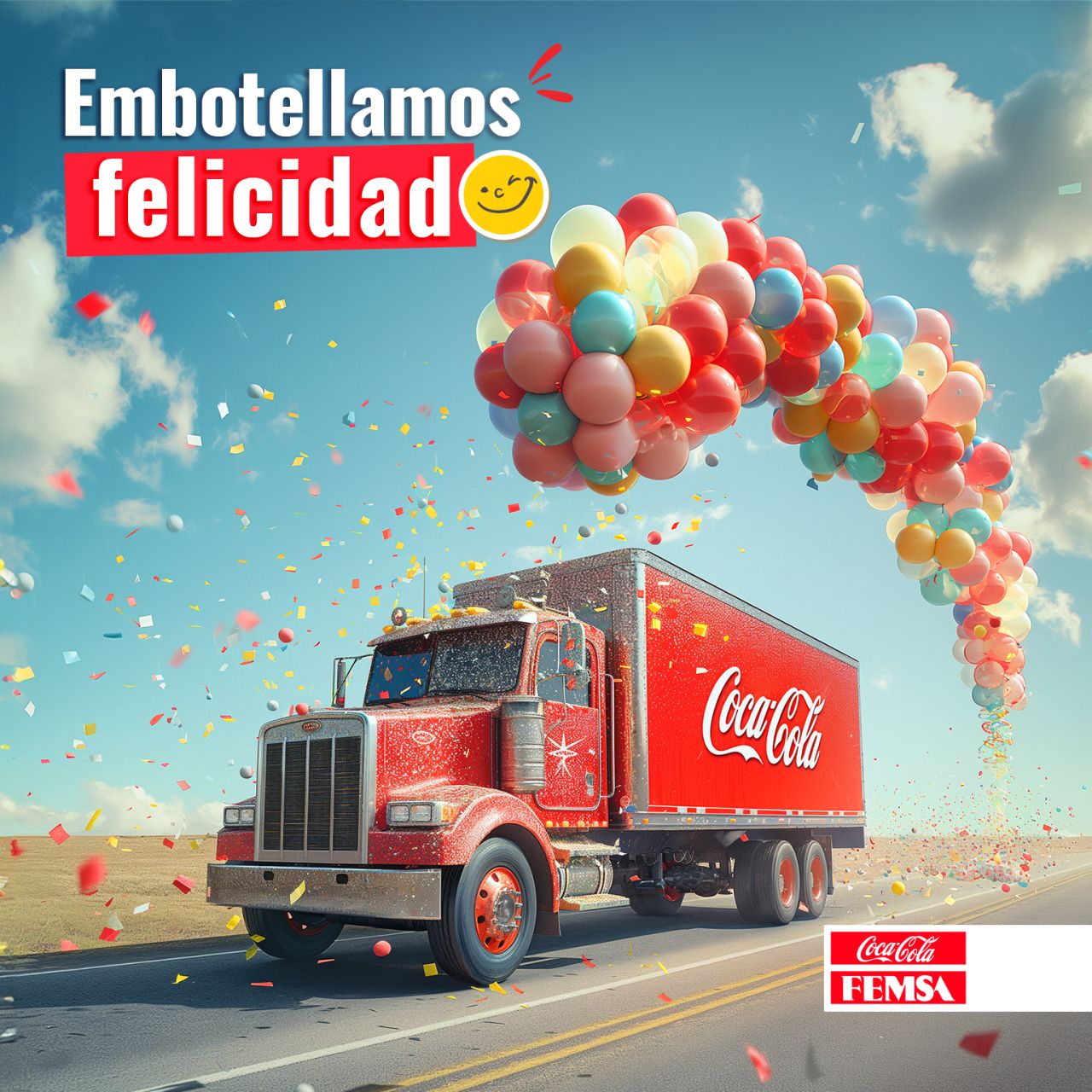 Imagen que enlaza a la página de LinkedIn de Coca-Cola FEMSA, que muestra la ilustración de un camión repartidor de Coca-Cola, con globos encima de él y la leyenda 